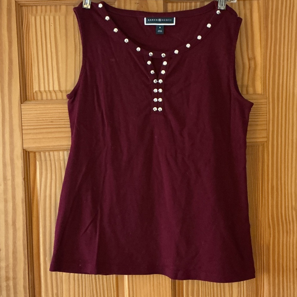 Karen Scott Burgundy Sleeveless Tank with Silver Stud Accents